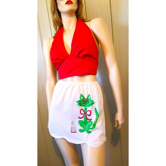 😺Vintage 60s Eau de Catnip Cutest Happy Green Kitty Mini Slip Skirt - Picture 7 of 8